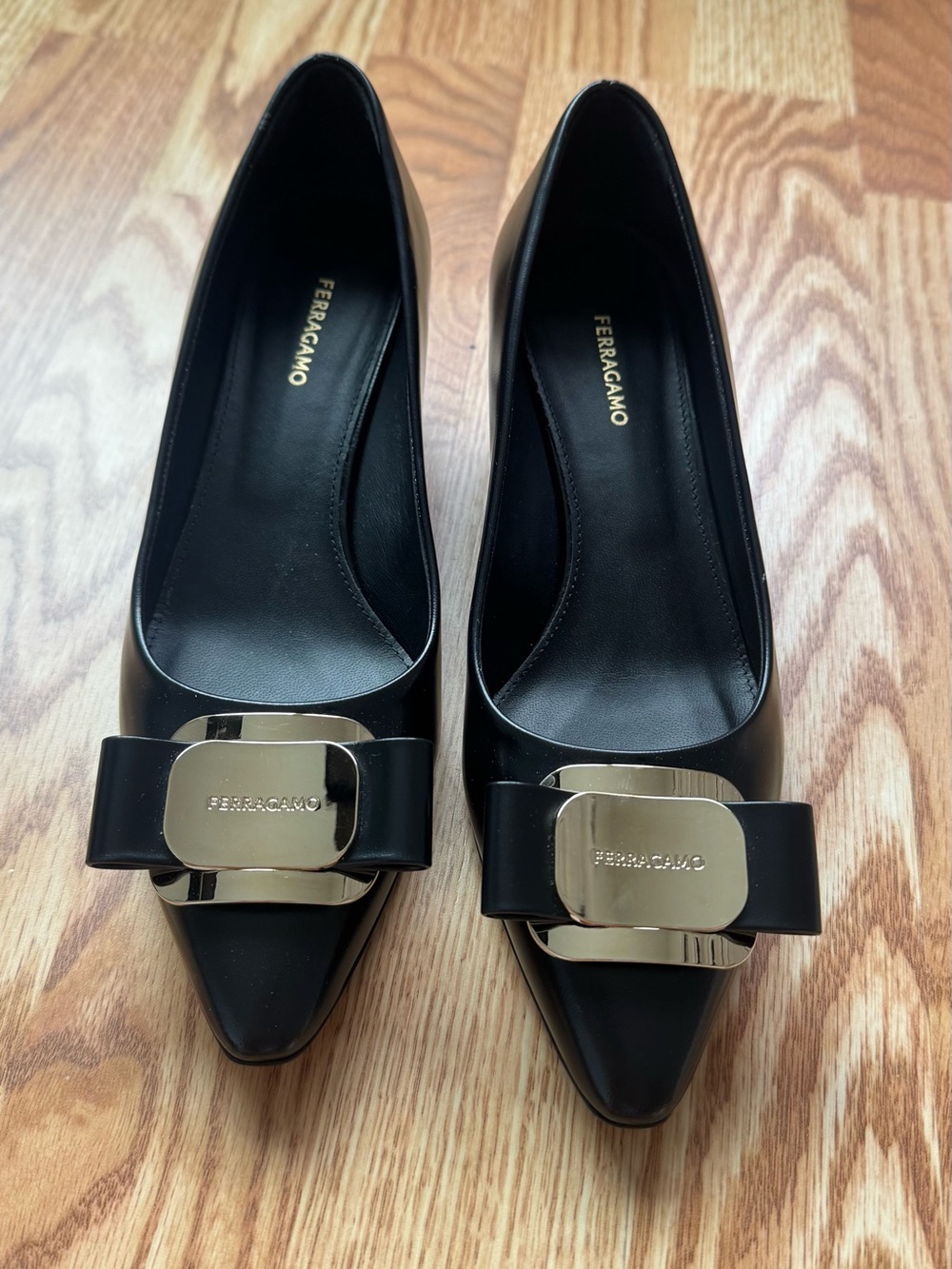 Salvatore Ferragamo Black Leather Pointed Toe Pumps with Gold Bow